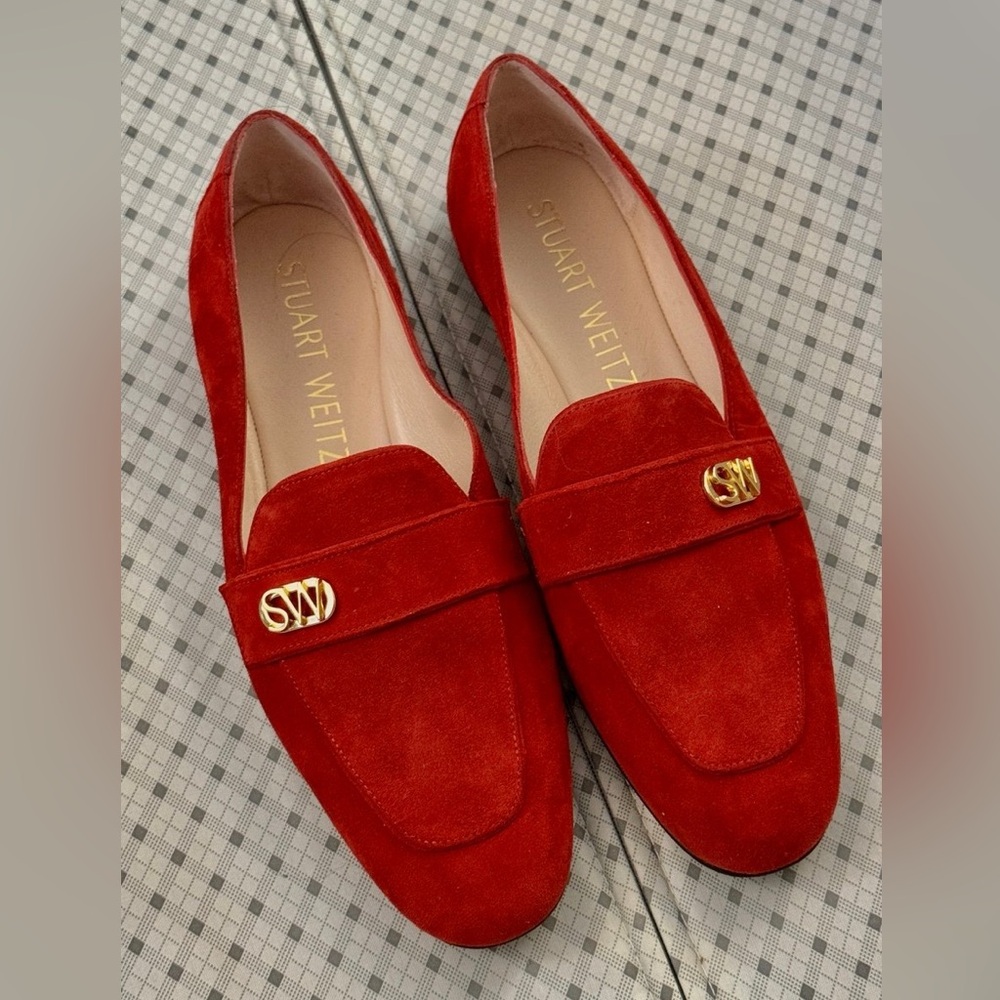 Stuart Weitzman Red Suede Loafers with Gold SW Accent - Picture 4 of 8